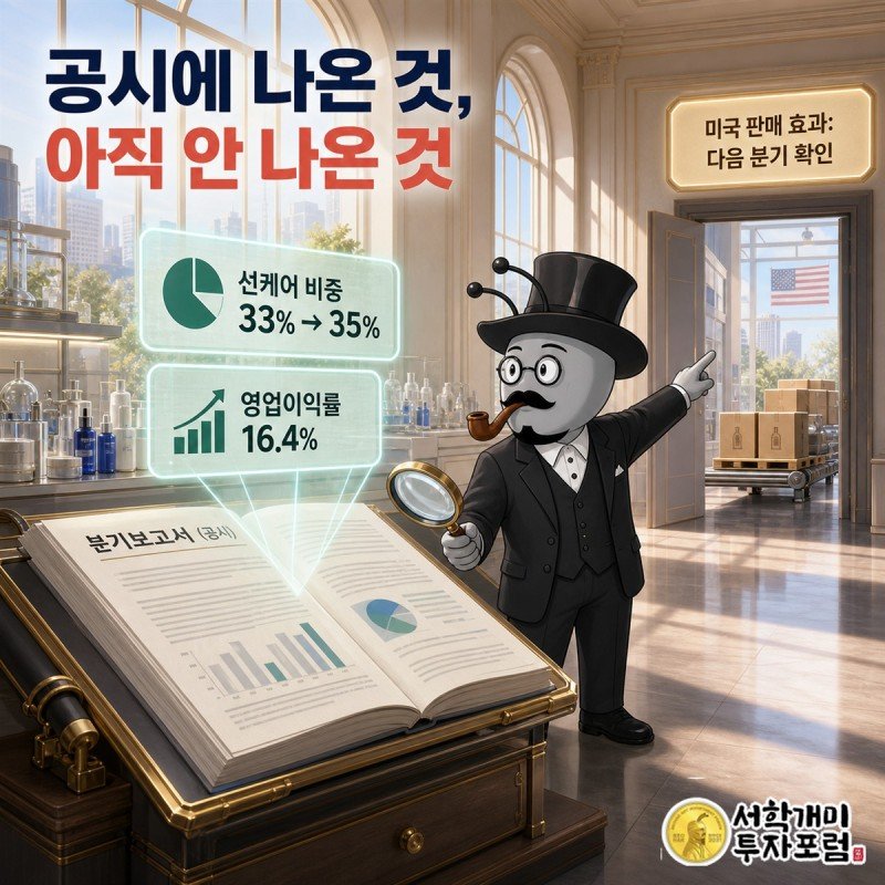 한국콜마 국내 화장품 매출에서 선케어 49%, 스킨케어 35%, 메이크업 12%를 비교한 장면
