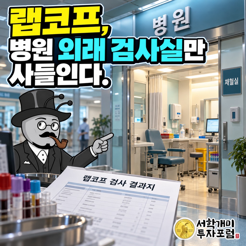 병원 간판 아래 채혈실과 랩코프 검사 결과지를 함께 보여 주는 표지