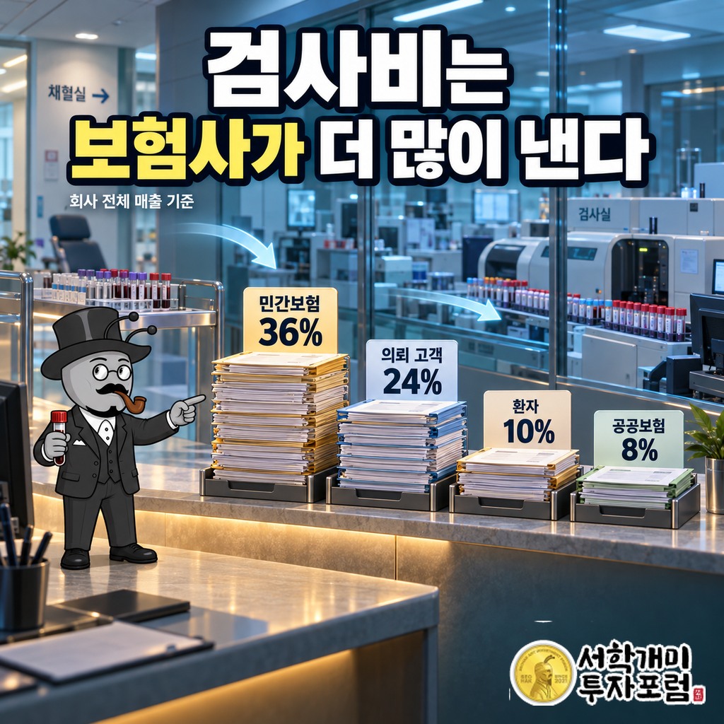 랩코프 진단검사 매출을 내는 주체: 민간보험 36%, 의뢰 고객 24%, 환자 10%, 공공보험 8%