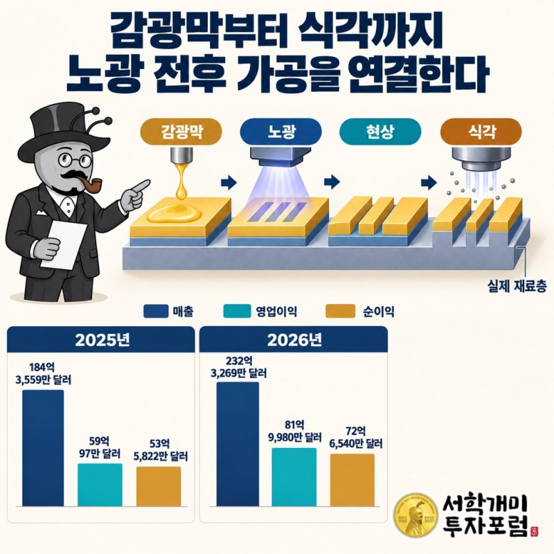 감광막 형성에서 노광과 현상을 거쳐 식각으로 실제 재료층에 회로 무늬를 옮기는 흐름