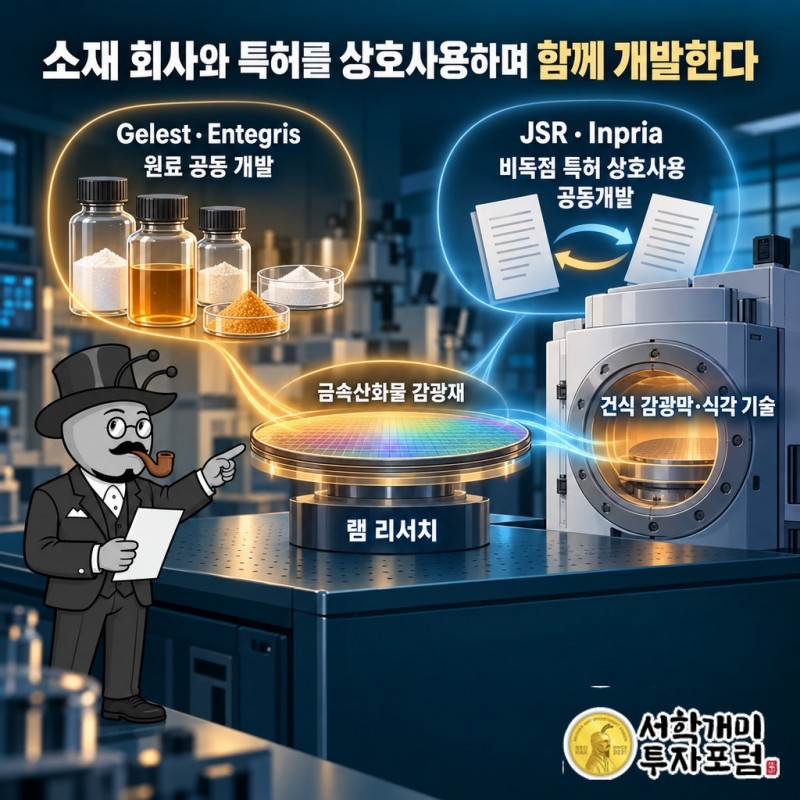 램이 소재 업체와 원료를 공동 개발하고 JSR·Inpria와 특허 상호사용 및 공동개발에 합의한 협력 관계