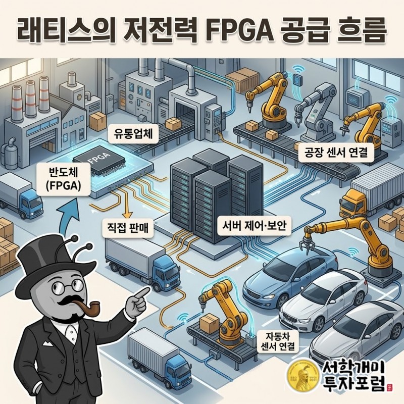 래티스의 저전력 FPGA가 유통업체와 직접 판매를 통해 서버·공장·자동차 장비 제조사로 공급되는 흐름