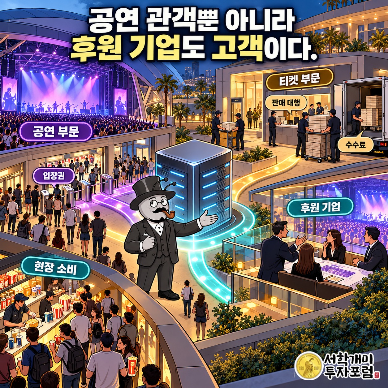 공연 관객과 외부 티켓 판매 고객, 후원 기업이 라이브 네이션의 각 사업에 연결되는 구조