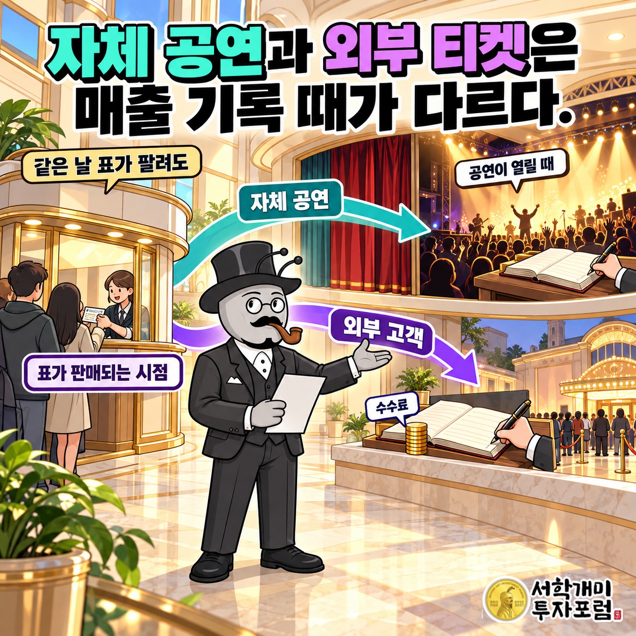 자체 공연 수수료는 공연 개최 때, 외부 고객 판매 대행 수수료는 판매 때 기록하는 차이