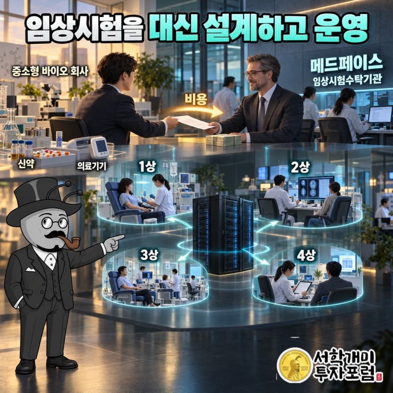 중소형 바이오 회사가 메드페이스에 임상시험 1상부터 4상까지 맡기고 비용을 내는 구조