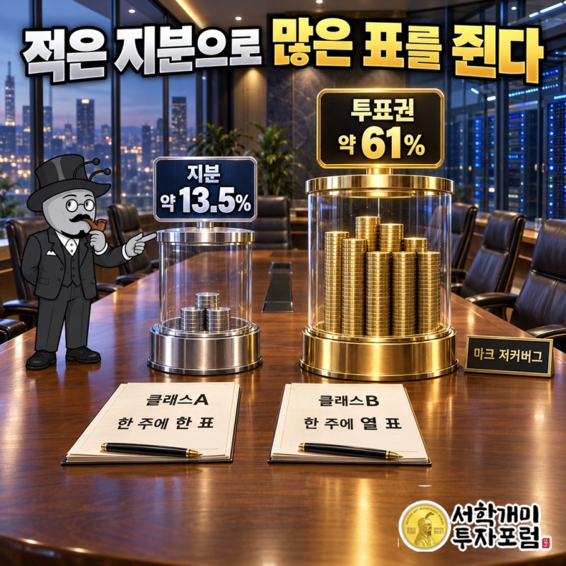 저커버그가 지분 약 13.5%로 투표권 약 61%를 행사하는 클래스A·클래스B 주식 구조