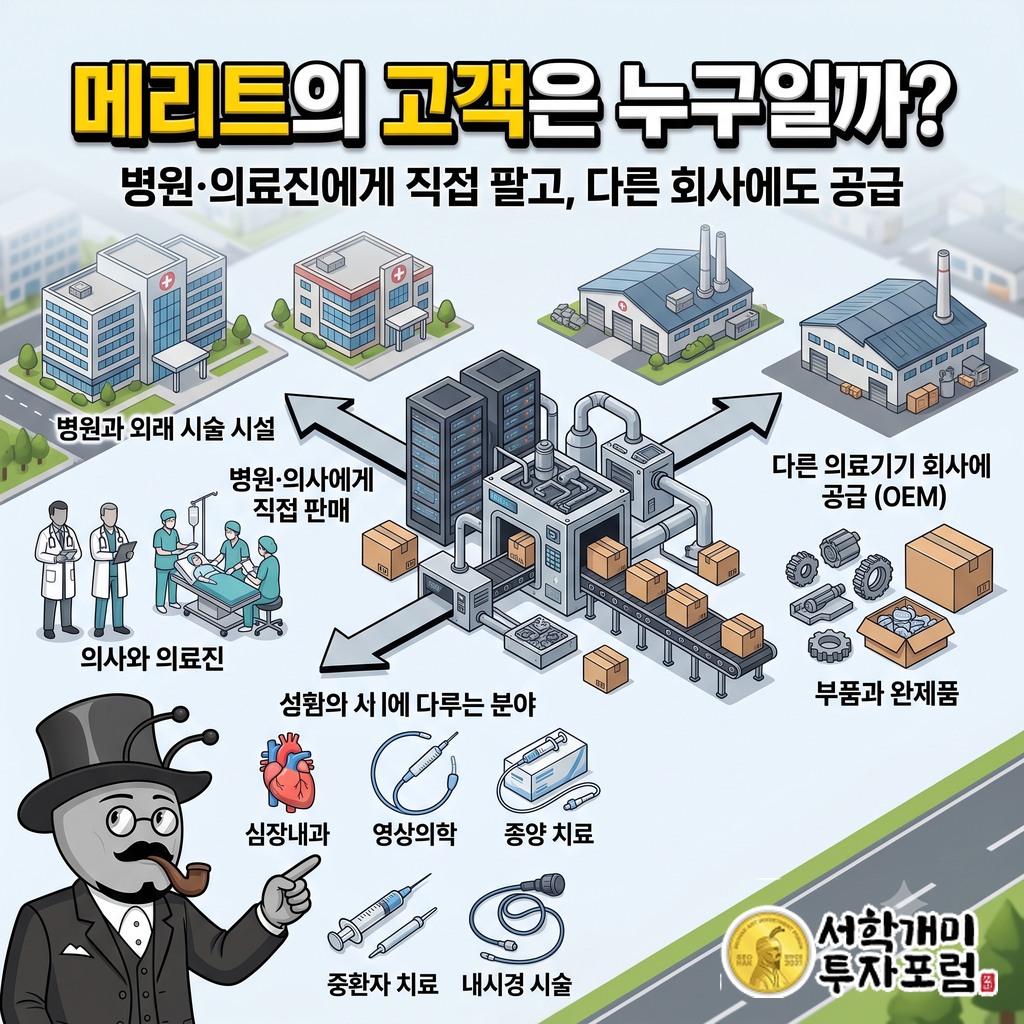 병원과 외래 시술 시설, 의사에게 시술 기구를 팔고 다른 의료기기 회사에도 부품과 완제품을 공급하는 메리트