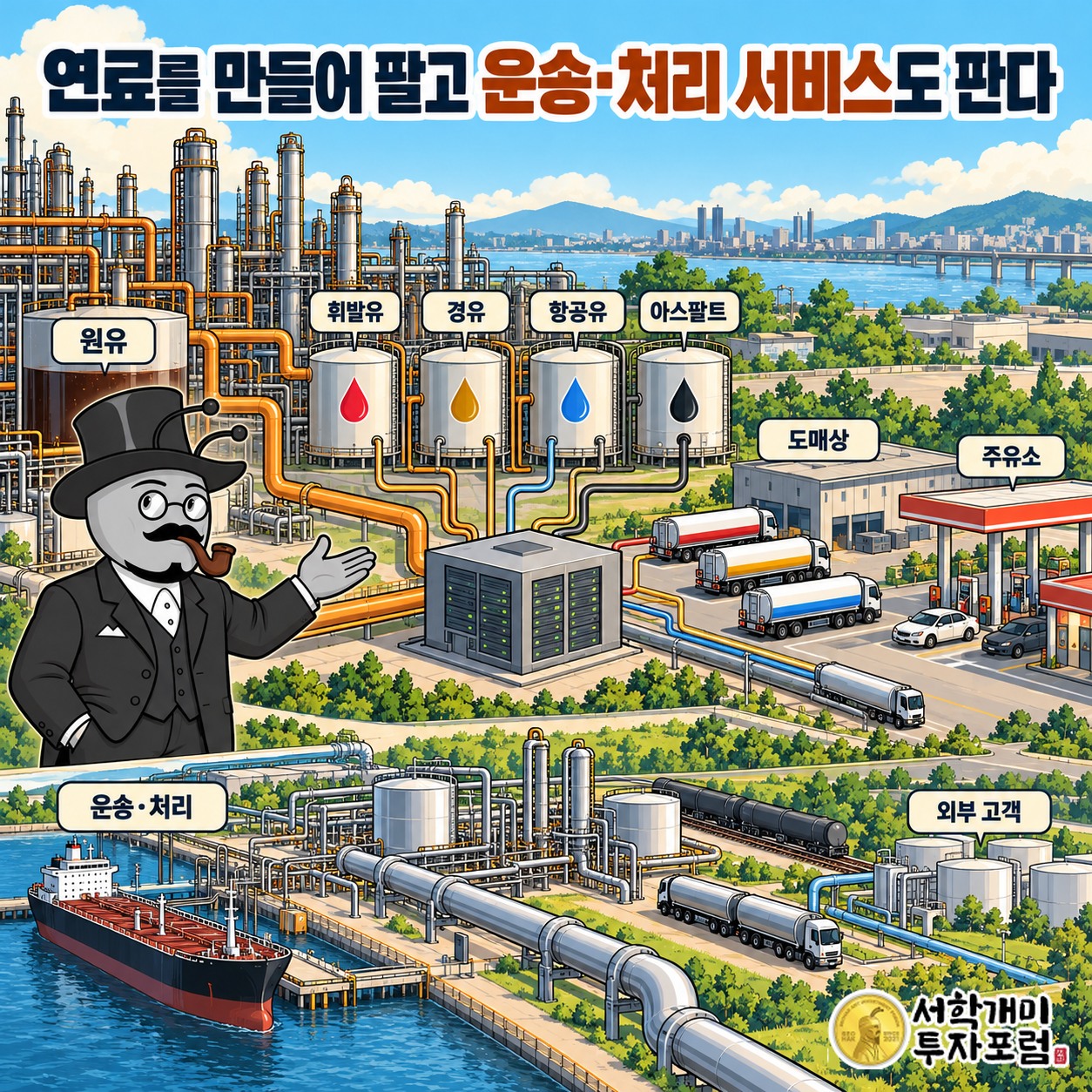 원유를 연료로 바꿔 도매상과 주유소에 공급하고 MPLX로 운송·처리 서비스를 파는 사업 구조