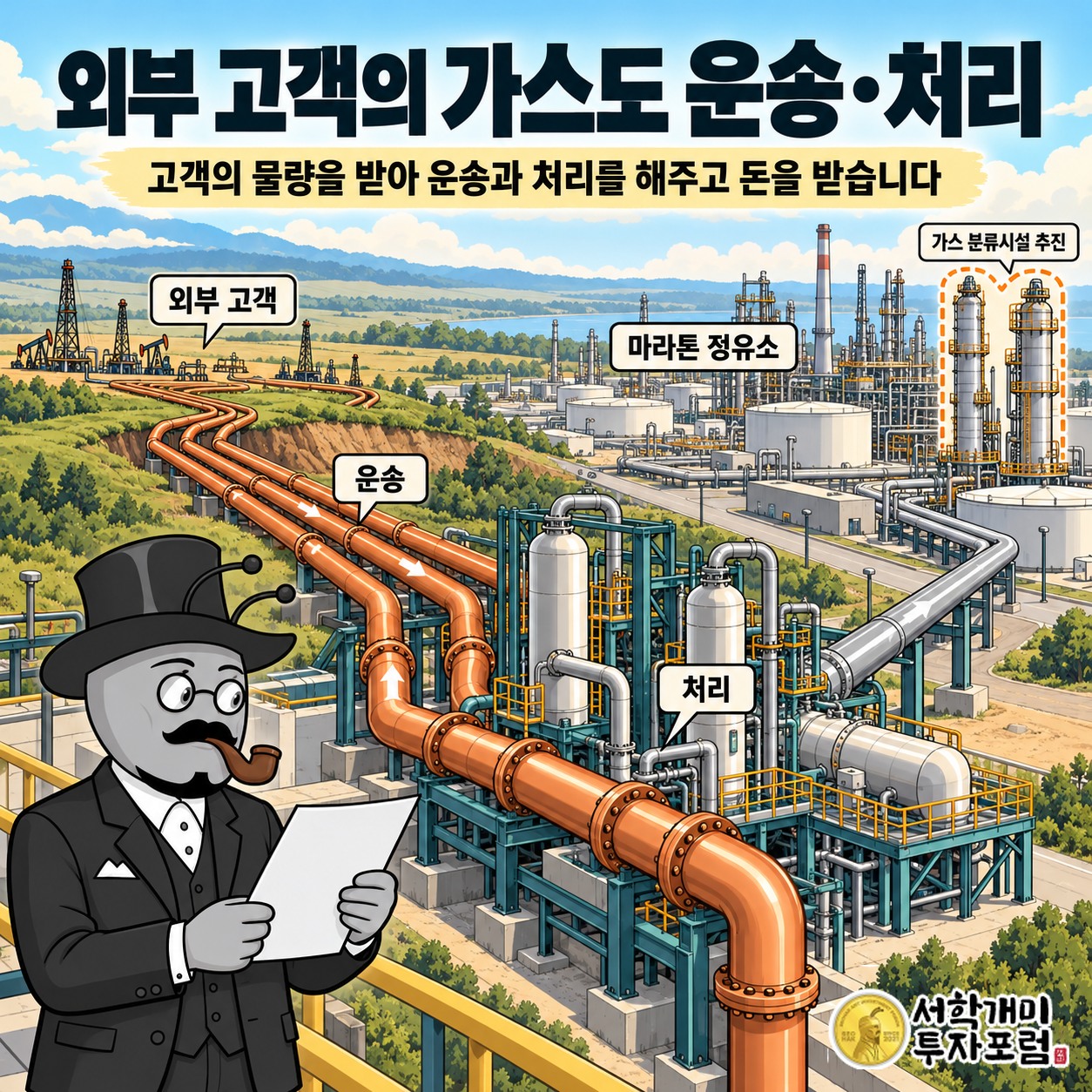 마라톤 정유소 물량과 외부 고객의 가스를 함께 다루는 MPLX의 파이프라인과 처리시설