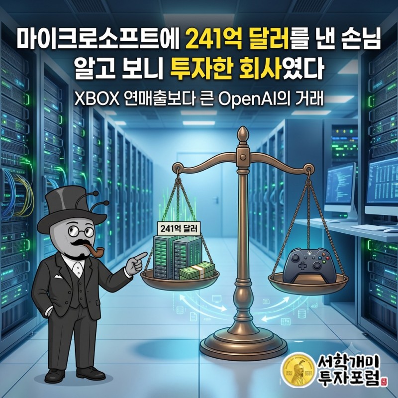 마이크로소프트 로고와 서버실을 배경으로, 데이터센터 서버와 게임 컨트롤러를 양팔 저울에 올려 비교하는 장면