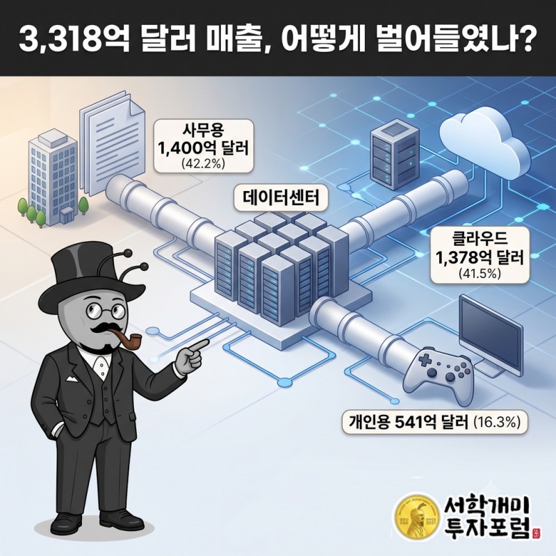 사무용 구독, 클라우드, 게임·윈도·검색 세 부문이 회사 매출을 나눠 벌어들이는 구조 도식