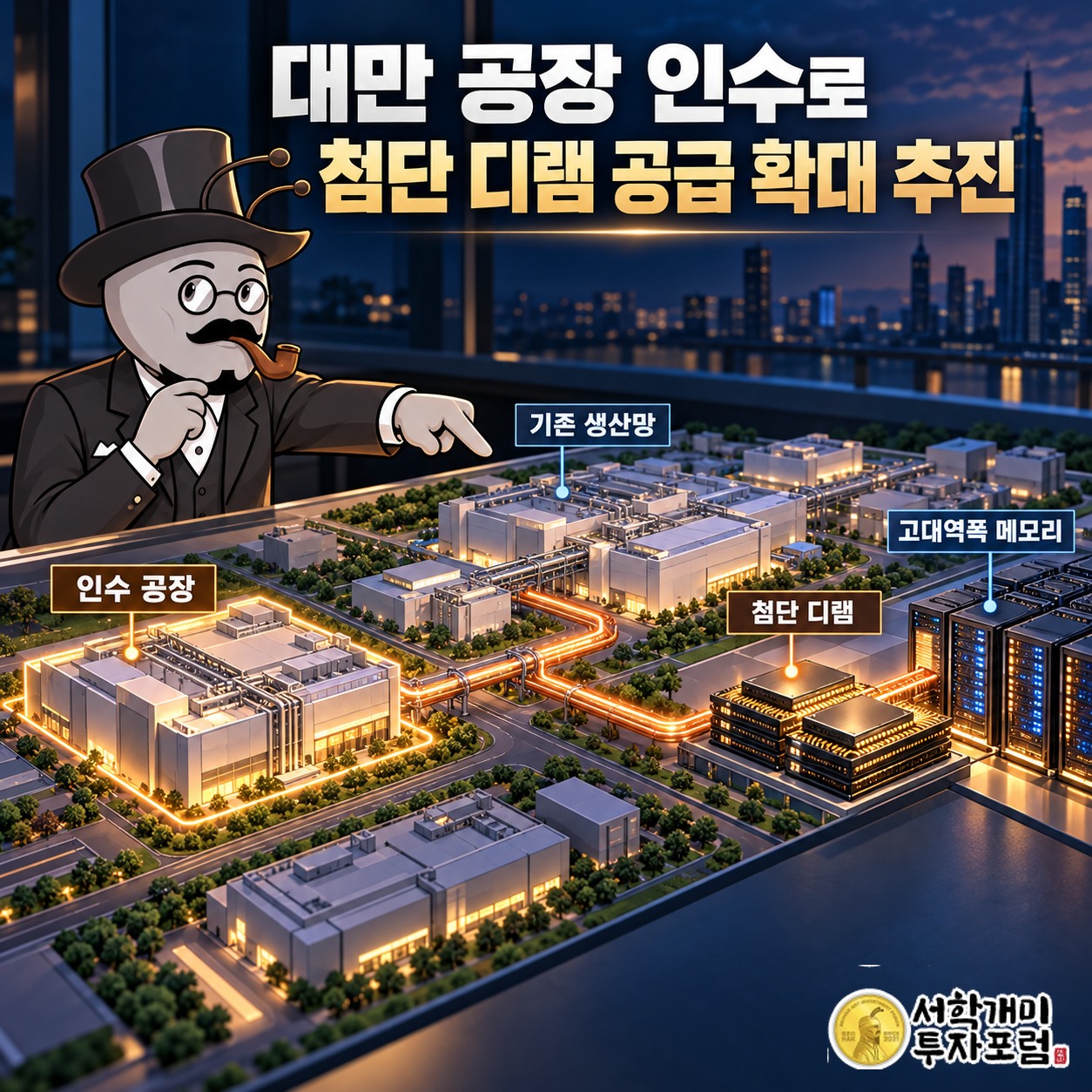 대만 Tongluo P5 공장을 기존 생산망과 연결해 첨단 DRAM 공급 확대를 추진하는 모습