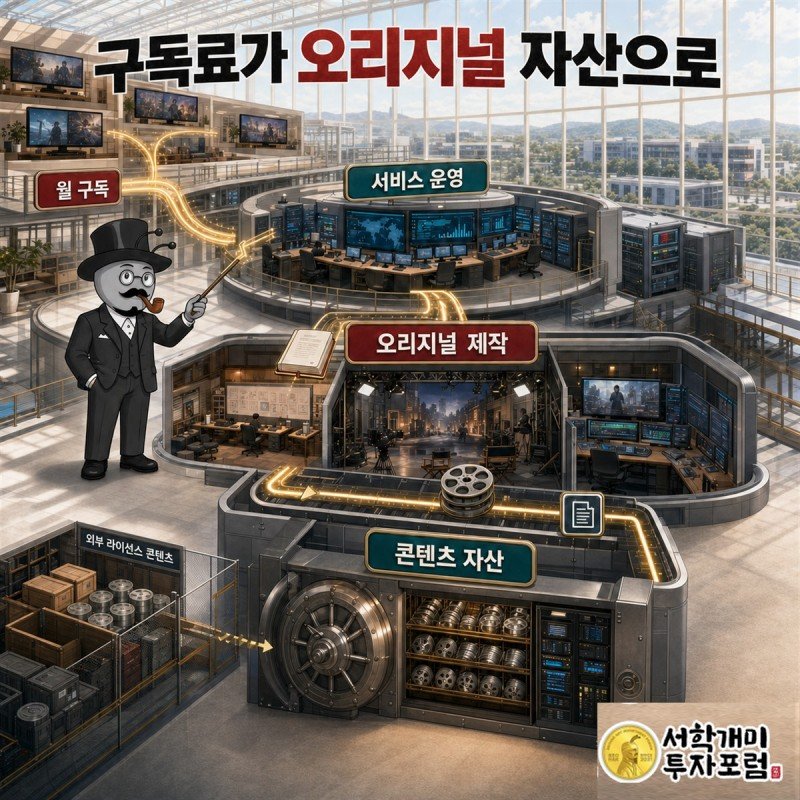 구독료가 오리지널 콘텐츠 자산으로 쌓이는 구조