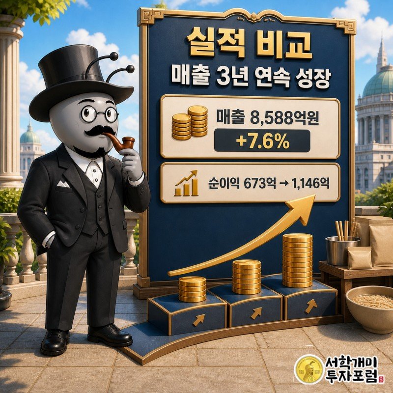 농심홀딩스의 2023년부터 2025년까지 매출액과 영업이익 흐름을 보여 주는 자료
