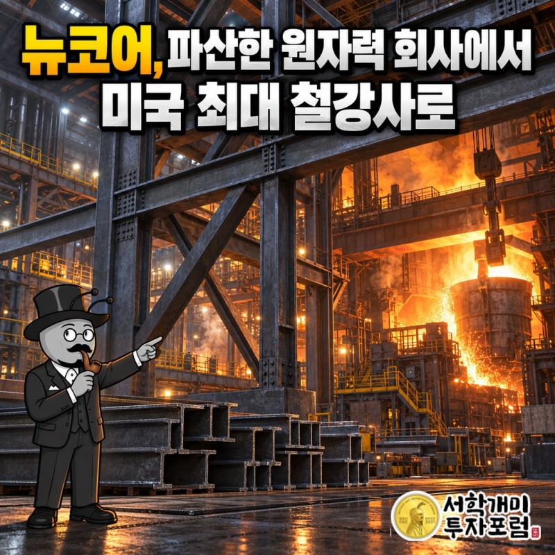 철제 보 골조 위로 전기로 제철소의 불빛이 비치는 커버, 뉴코어가 파산한 원자력 회사에서 미국 최대 철강사가 된 이야기