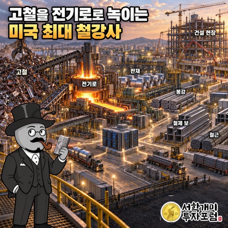 고철 수거에서 전기로, 판재·봉강, 철제 보와 철근 완제품을 거쳐 건설 현장으로 이어지는 뉴코어의 돈 흐름