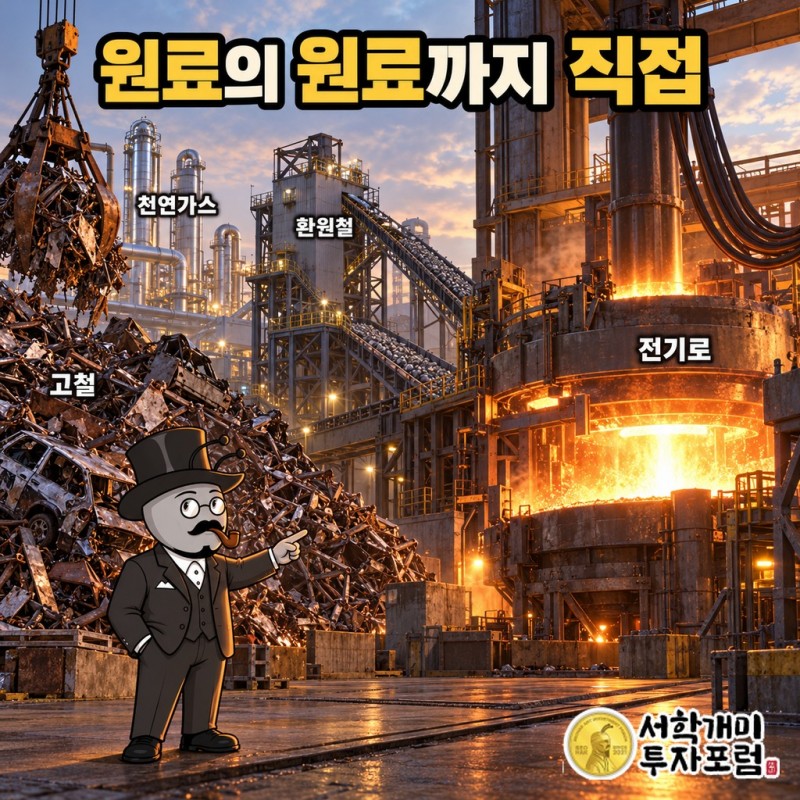 고철을 녹이는 전기로와 환원철·천연가스로 원료를 직접 쥔 뉴코어의 생산 구조