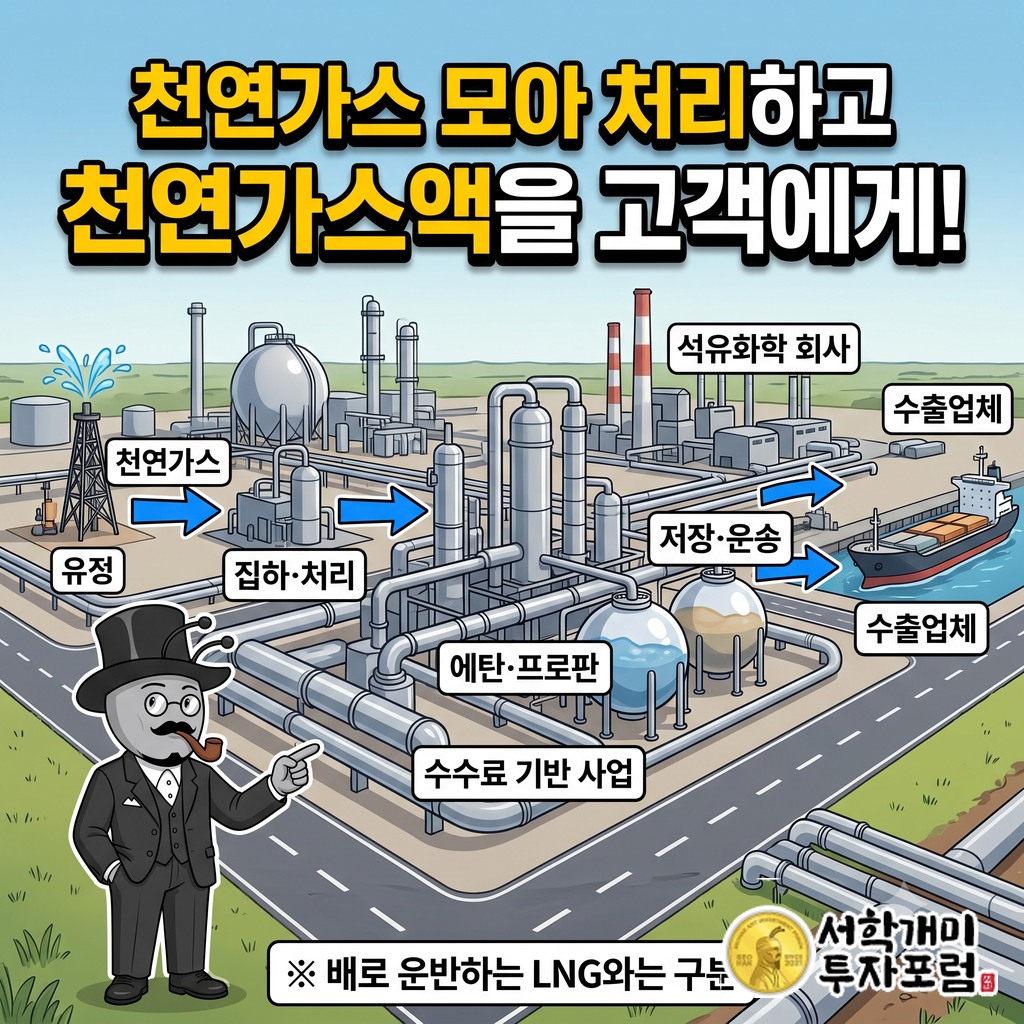 생산자의 천연가스를 모아 처리하고 천연가스액을 공장과 수출업체에 보내며 수수료를 받는 사업 구조
