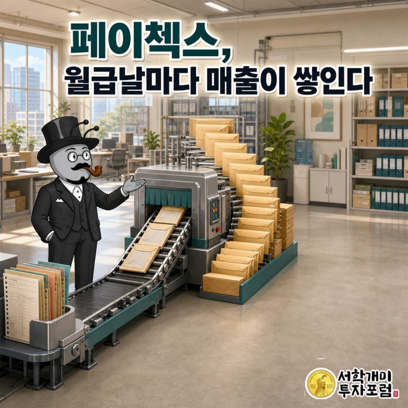 급여 처리 화면과 인사 서류가 이어지는 밝은 사무실에서 반복 업무가 페이첵스의 매출 성장과 두 이익 항목의 증가로 이어지는 모습을 보여주는 장면
