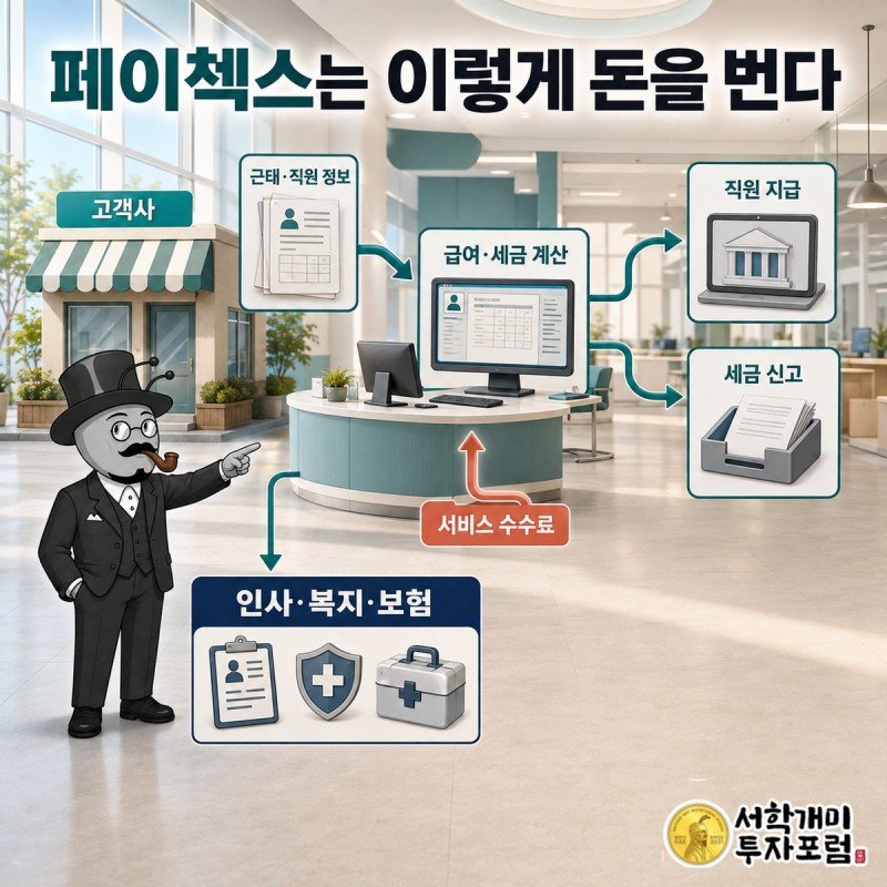 고용주가 급여 자료와 인사 업무를 맡기고 페이첵스가 처리 절차를 반복한 뒤 서비스 대가를 받는 돈의 흐름을 단계별로 설명한 회사 구조 장면