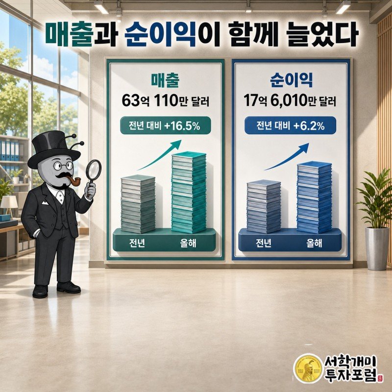 이전 기간과 최근 기간의 매출, 영업이익, 순이익이 모두 늘어난 흐름을 한 축에서 견주고 세 항목의 증가 속도가 서로 다름을 보여주는 실적 장면