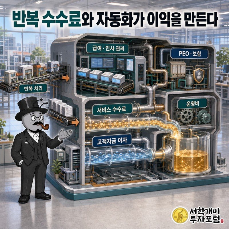 급여 처리로 시작한 고객 관계가 인사와 복리후생 관리로 넓어지고 반복 서비스 대가가 여러 급여일에 걸쳐 쌓이는 핵심 구조를 설명한 장면