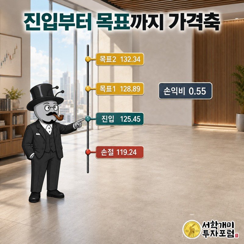 페이첵스의 진입가와 손절가, 첫째 목표가와 둘째 목표가를 한 가격 축에 놓고 종목에 맞춘 서로 다른 폭과 1센트 단위 문턱을 보여주는 장면