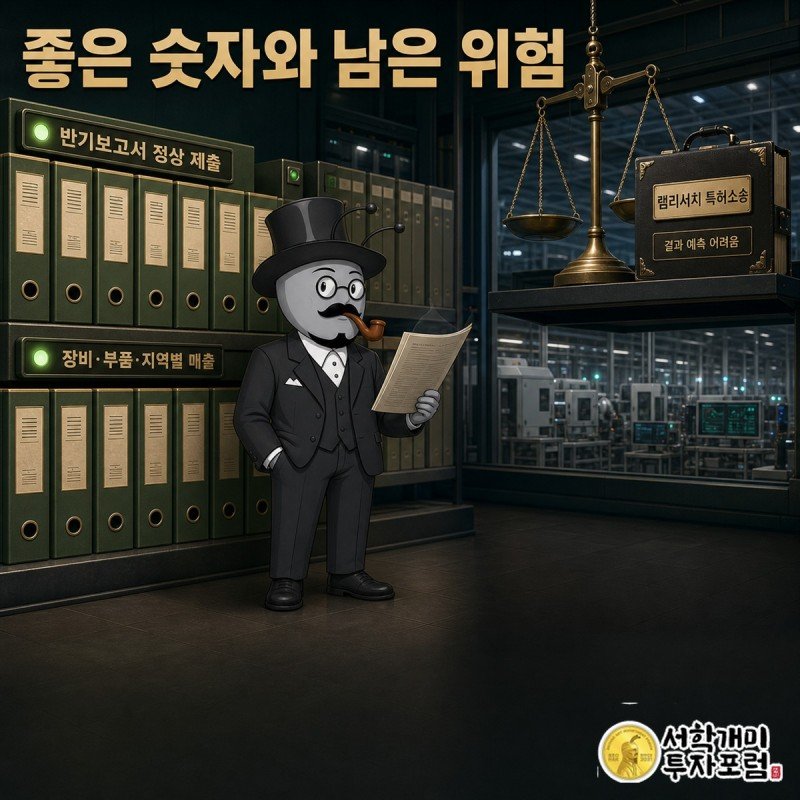 DART 반기보고서와 정상 공시, 특허소송 우발사항을 함께 점검하는 장면