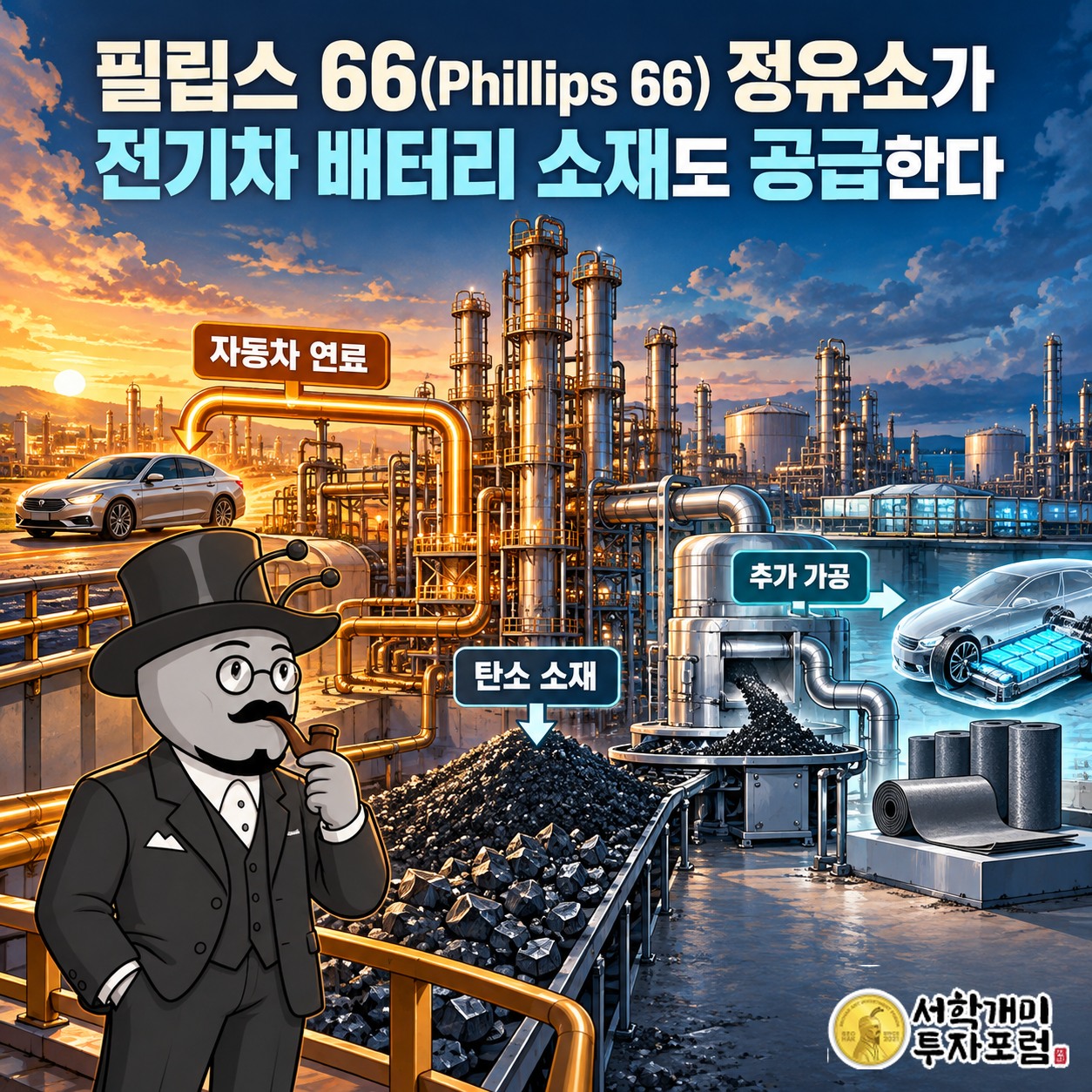 필립스 66 정유소에서 자동차 연료와 전기차 배터리용 탄소 소재로 이어지는 공급 흐름