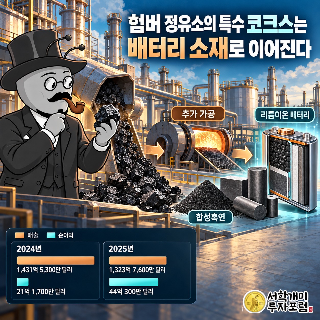 험버 정유소의 특수 코크스가 추가 가공을 거쳐 합성흑연과 배터리 소재로 이어지는 과정
