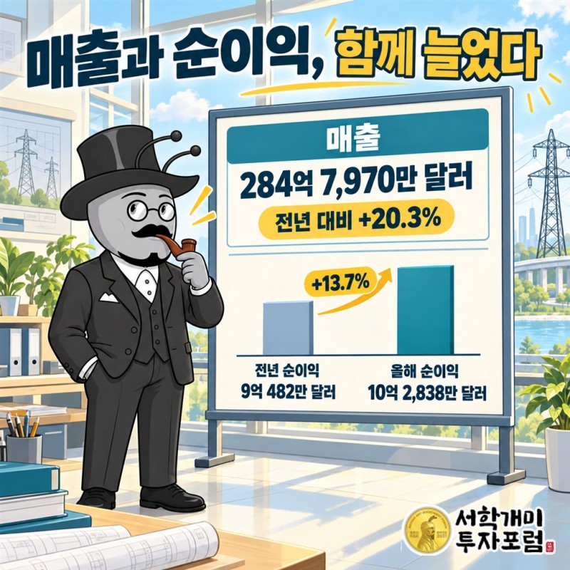 퀀타서비스의 매출과 영업이익 및 순이익을 이전 실적과 비교하는 화면