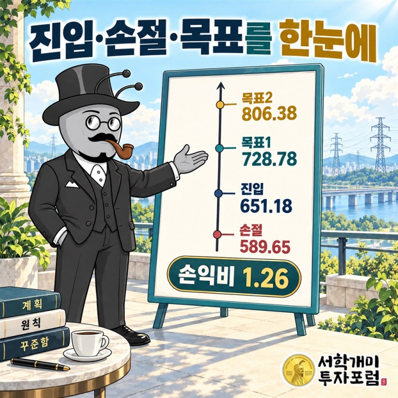 퀀타서비스의 진입 651.18달러와 손절 589.65달러 및 목표1 728.78달러와 목표2 806.38달러를 표시한 가격 축