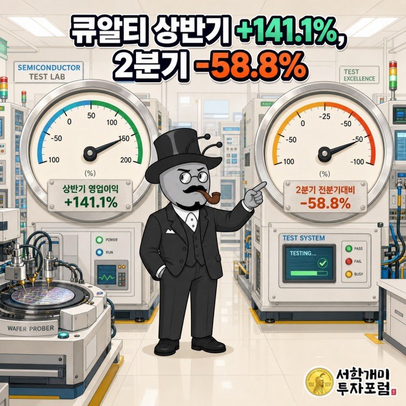 반도체 신뢰성 시험 장비 앞에서 부자개미가 상반기 영업이익 141.1퍼센트 증가와 2분기 58.8퍼센트 감소가 함께 적힌 계기판을 가리키는 커버