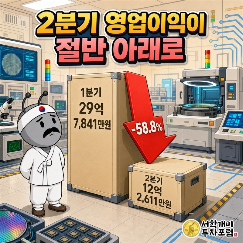 1분기 29억 7,841만원 상자에서 2분기 12억 2,611만원 상자로 58.8퍼센트 내려가는 계단과 이를 지켜보는 서민개미