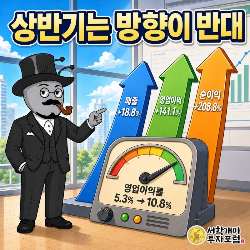 상반기 영업이익 42억 452만원과 141.1퍼센트 증가 화살표, 영업이익률 5.3퍼센트에서 10.8퍼센트로 오르는 계기판을 부자개미가 가리키는 장면
