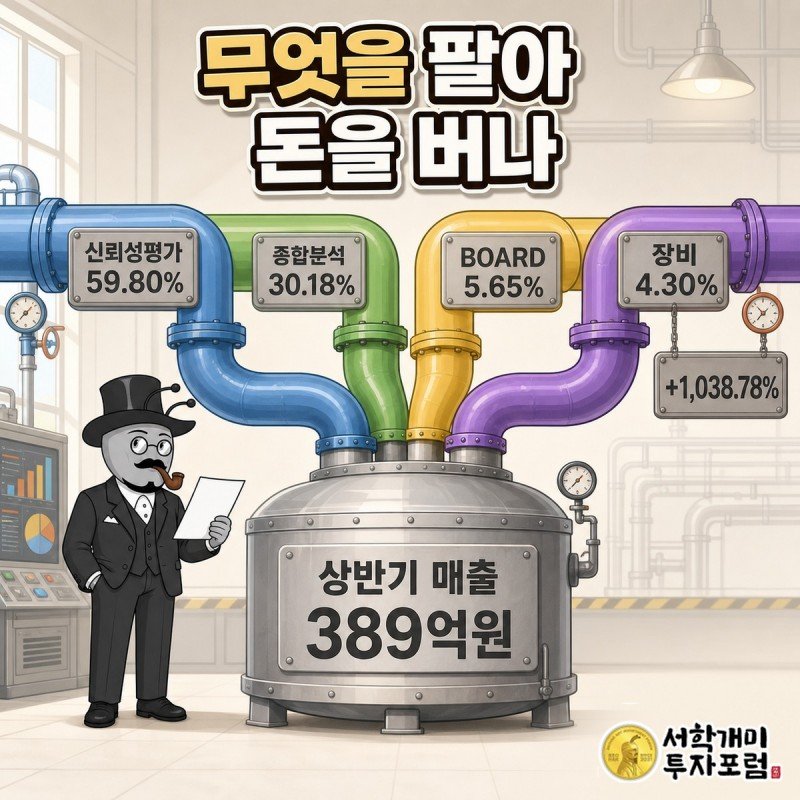 신뢰성평가 59.80퍼센트, 종합분석 30.18퍼센트, BOARD 5.65퍼센트, 장비 4.30퍼센트 라벨이 붙은 파이프가 상반기 매출 389억원 통으로 모이는 장면