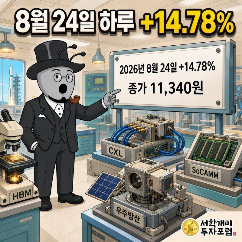 HBM CXL SoCAMM 우주방산 라벨이 붙은 검사 대상들이 놓인 시험실에서 8월 24일 14.78퍼센트 상승 표지판을 부자개미가 확인하는 장면