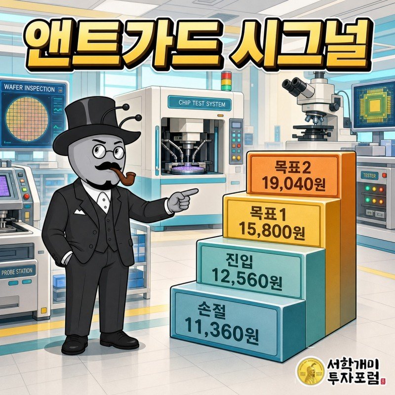 진입 12,560원, 손절 11,360원, 목표1 15,800원, 목표2 19,040원이 계단형으로 배치된 앤트가드 시그널 네 숫자