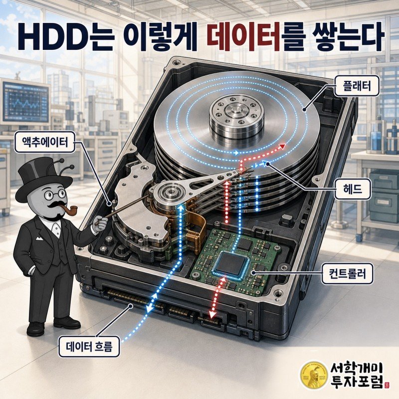 서민개미가 작은 메모리 칩과 커다란 하드디스크 창고를 저울에 올려 비교하는 장면