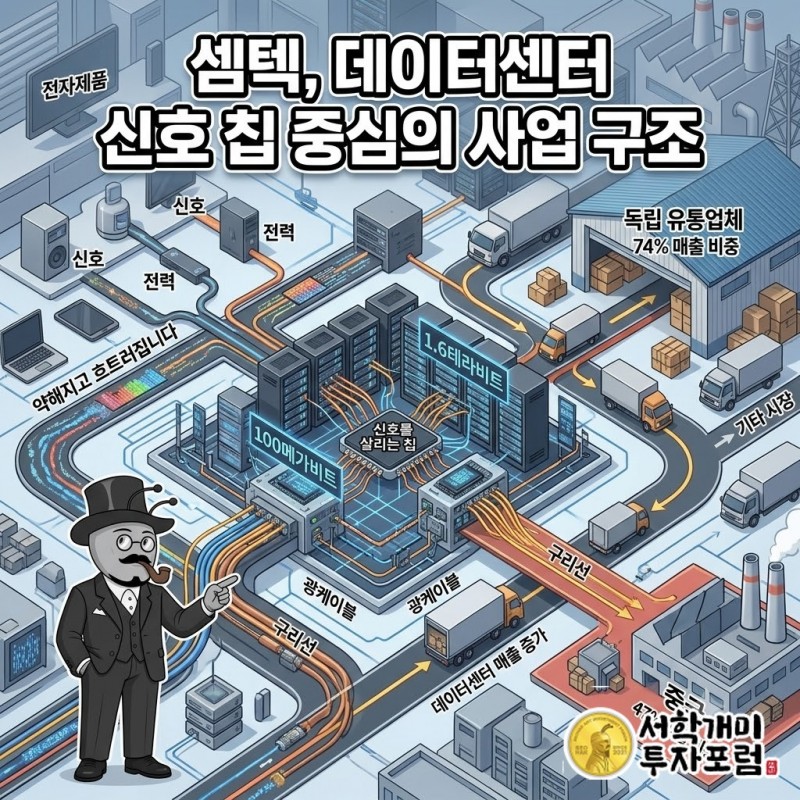 셈텍의 세 사업 부문과 유통업체·중국 중심 판매 경로를 정리한 구조도