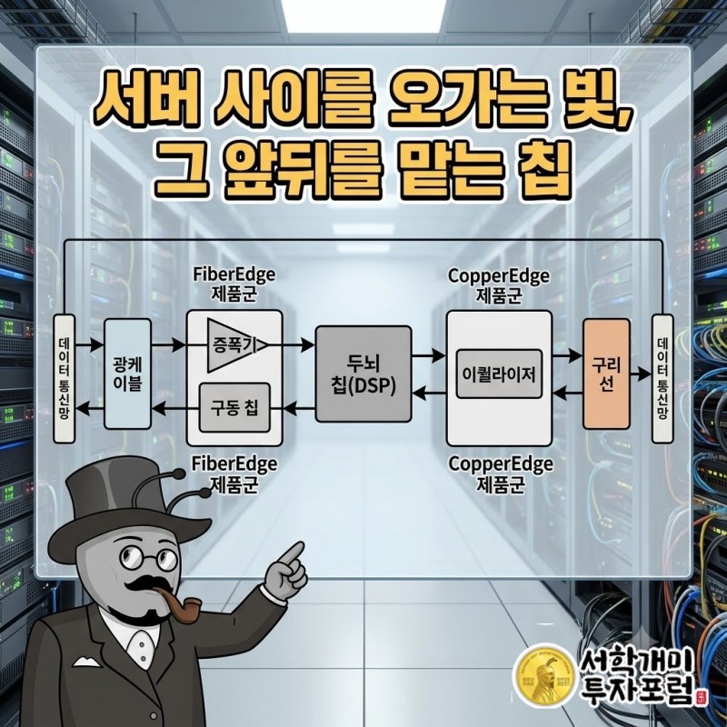 데이터센터 광케이블·구리선 사이에서 셈텍 칩이 신호를 키우고 다듬는 위치