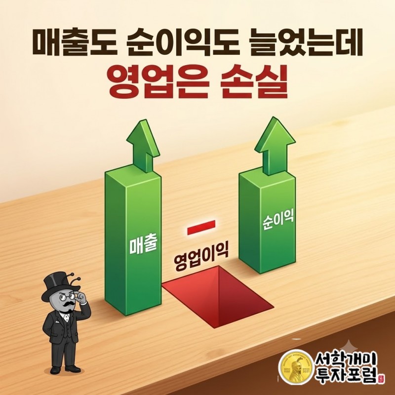 제공된 실적에서 매출과 순이익 증가 및 영업손실 지속을 함께 보여주는 비교
