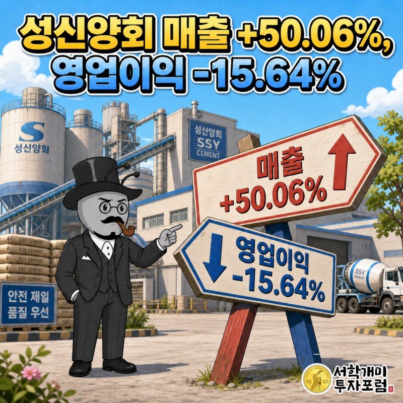 시멘트 공장 앞에서 부자개미가 매출 50.06퍼센트 상승 화살표와 영업이익 15.64퍼센트 하락 화살표가 엇갈린 표지판을 가리키는 커버