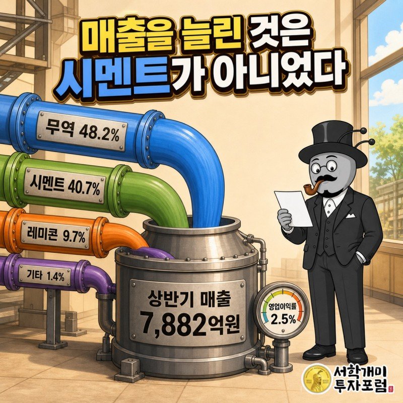 무역 48.2퍼센트 시멘트 40.7퍼센트 레미콘 9.7퍼센트 기타 1.4퍼센트 라벨이 붙은 파이프가 상반기 매출 7,882억원 통으로 모이는 장면