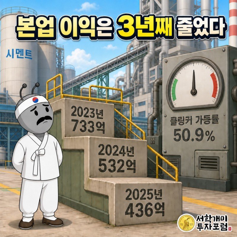 2023년 733억에서 2025년 436억으로 낮아지는 영업이익 계단과 클링커 가동률 50.9퍼센트 계기판을 서민개미가 올려다보는 장면