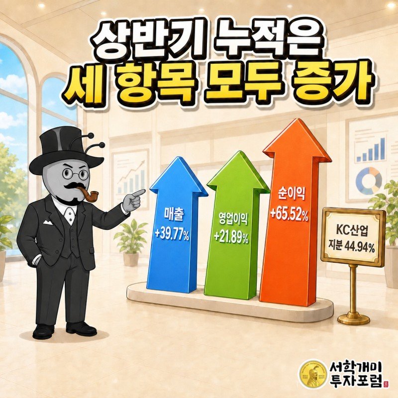 상반기 매출 39.77퍼센트 영업이익 21.89퍼센트 순이익 65.52퍼센트 증가 화살표 세 개가 나란히 오르는 표지판을 부자개미가 가리키는 장면