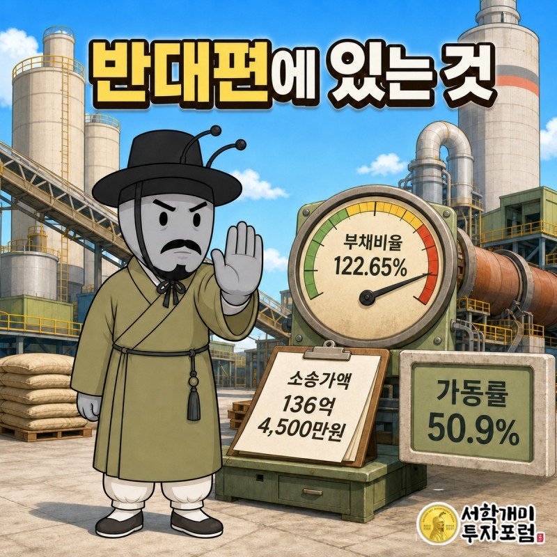 부채비율 122.65퍼센트 계기판과 소송가액 136억 4,500만원 서류, 가동률 50.9퍼센트 표지판 앞에서 양반개미가 손바닥을 들어 제지하는 장면