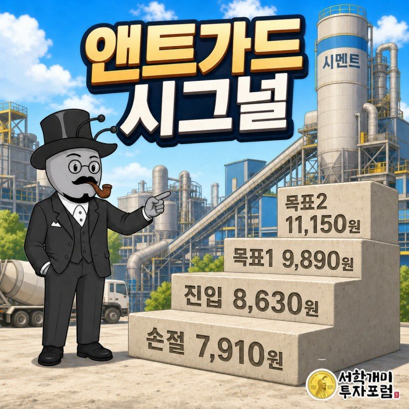 진입 8,630원, 손절 7,910원, 목표1 9,890원, 목표2 11,150원이 계단형으로 배치된 앤트가드 시그널 네 숫자