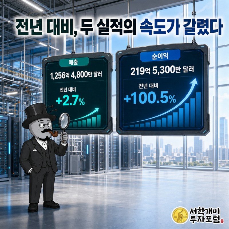 AT&amp;T의 두 기간 매출과 영업이익, 순이익을 나란히 보여 주는 실적 비교