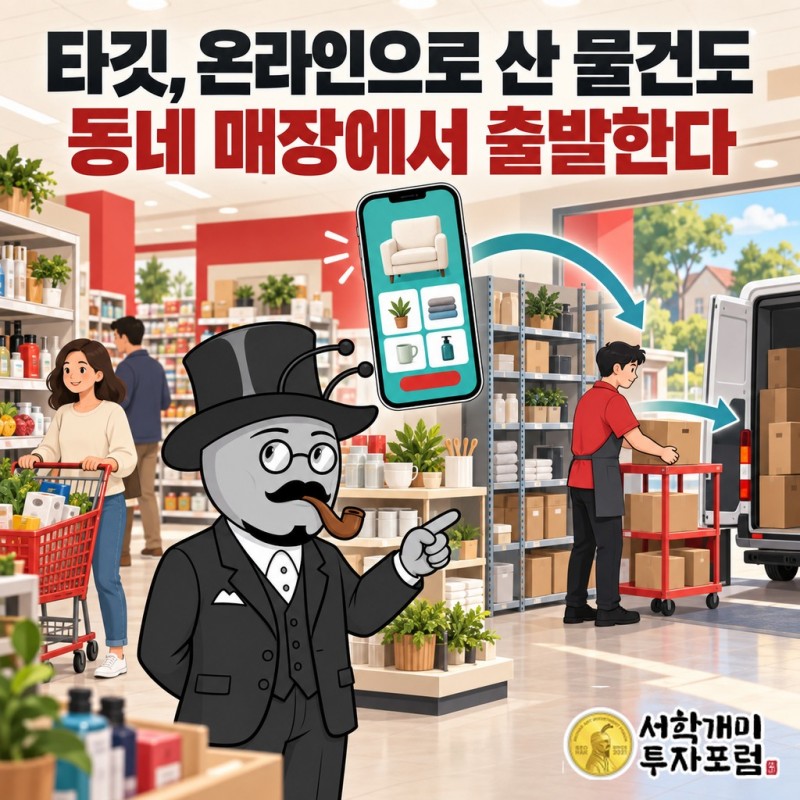 타깃 매장에서 쇼핑하는 고객과 온라인으로 주문한 물건이 매장에서 출발하는 흐름